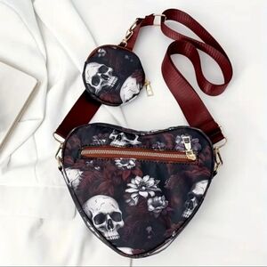 Gothic Punk Crossbody Heart-shaped Bag w/Coin Purse Red/Blk Skull & Flower Print
